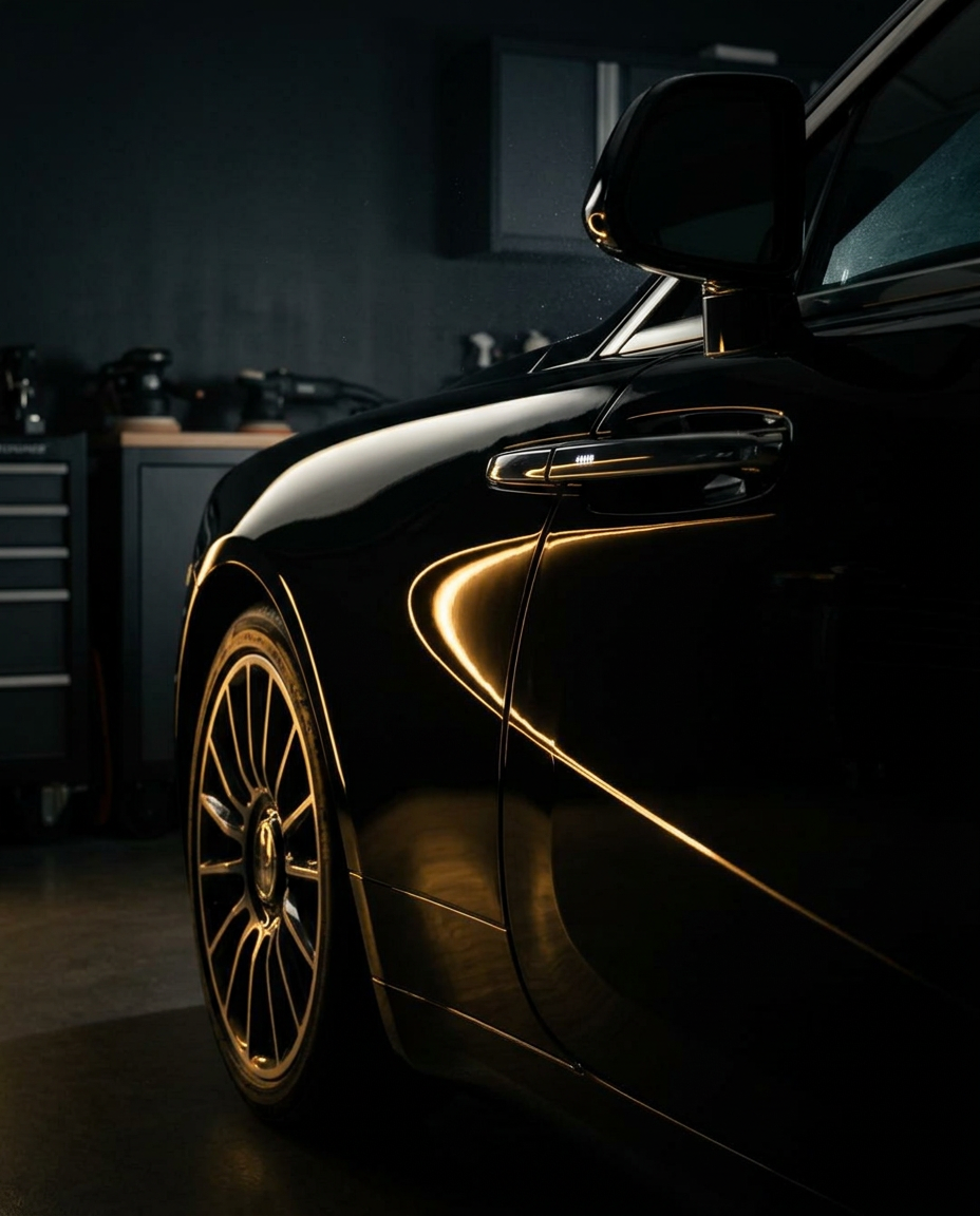 Painel de carro de luxo polido refletindo luz dourada em estúdio escuro, após reparo de martelinho de ouro